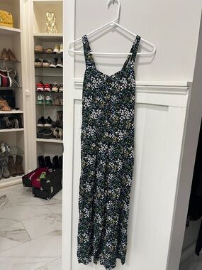 LOFT Black Floral Maxi Jumpsuit with White and Yellow Flowers